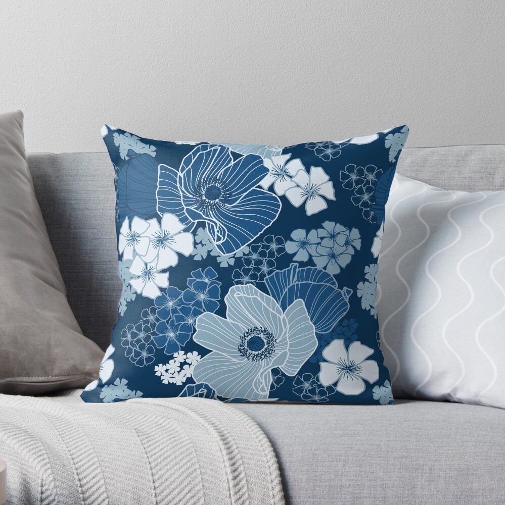 Classic Blue Poppies Throw Pillow