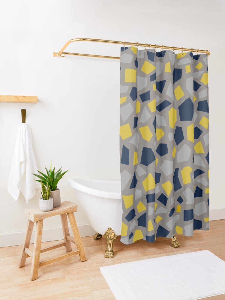"Grey, Mustard Yellow and Navy Blue Mosaic " Shower Curtain for Sale by
