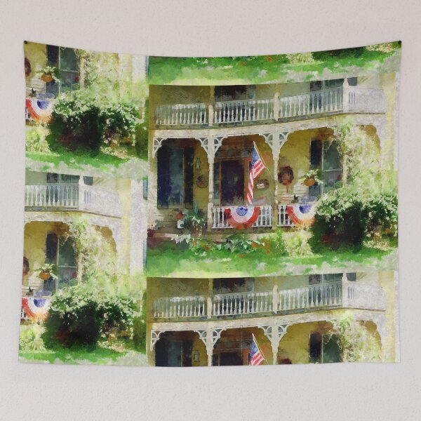 Item preview, Southern Comfort - Patriotic Yellow Victorian Porch  designed and sold by JanineRileyArt.