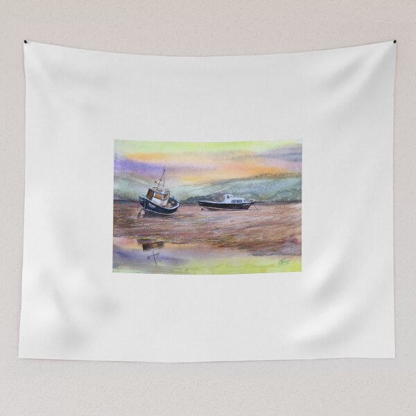 Item preview, Low tide: A watercolour painting of boats on the mudflats designed and sold by Double Dutch Designs.