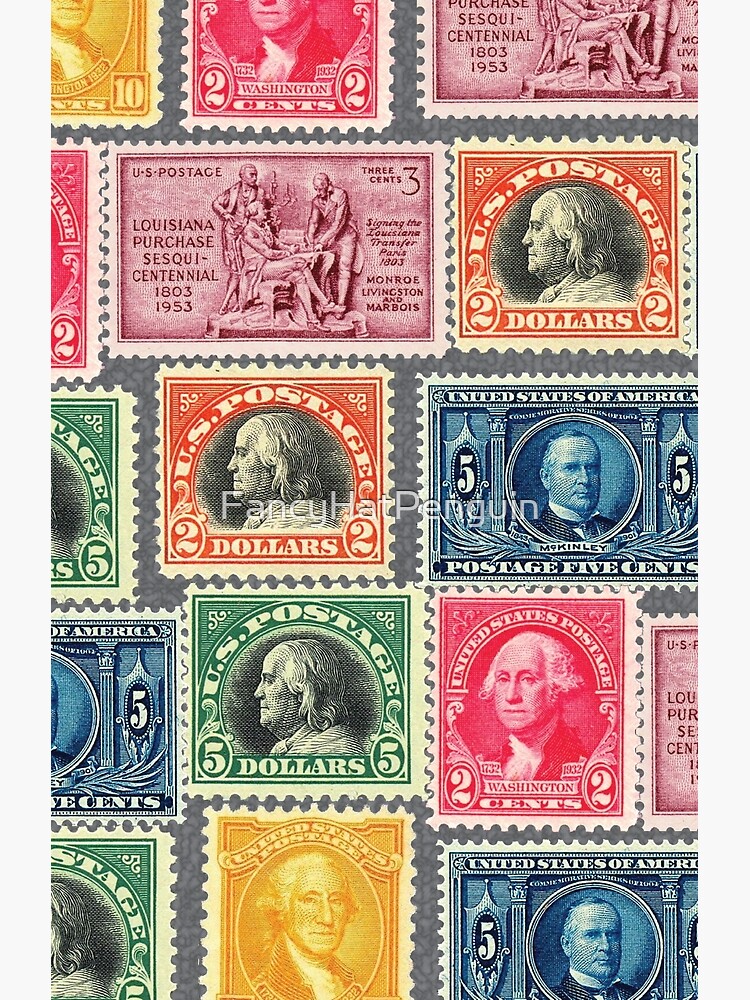 US Postage Stamp Collage - ZOOMED IN Postcard for Sale by FancyHatPenguin