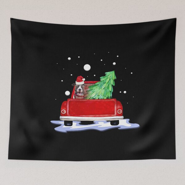 Item preview, Pitbull Dog Red Pickup Truck Christmas print designed and sold by RedmonsDesigns.
