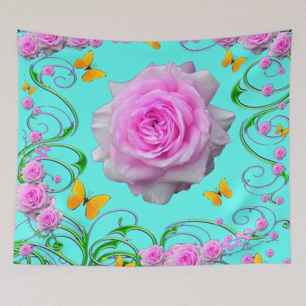 Item preview, YELLOW BUTTERFLIES & PINK GARDEN ROSES SCROLLS AQUA GARDEN  designed and sold by sharlesart.