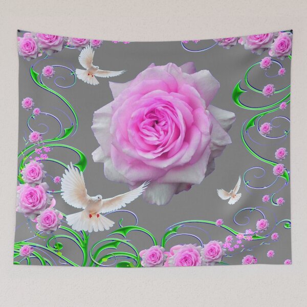 Item preview, WHITE DOVES & PINK GARDEN ROSES SCROLLS GARDEN FANTASY ART designed and sold by sharlesart.