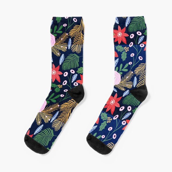 Christmas florals pattern with poinsettias Socks
