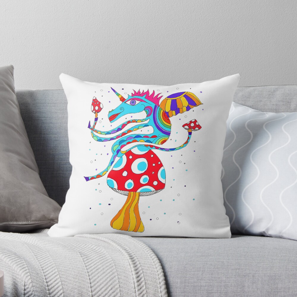Psychedelic Unicorn Throw Cushion in White Throw Pillow
