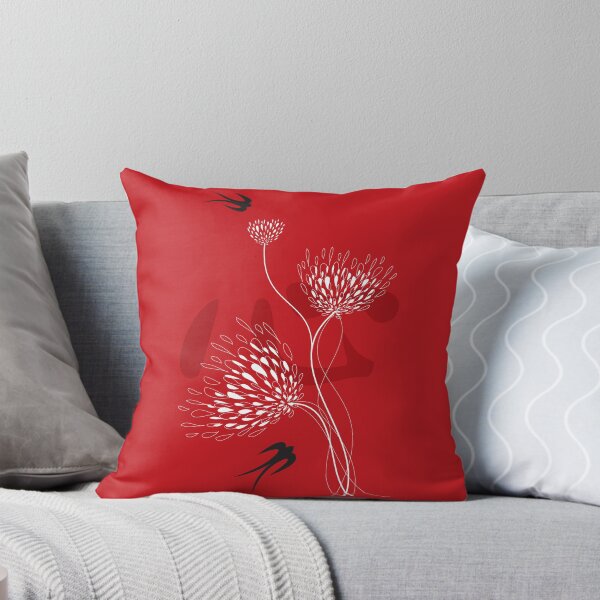 Item preview, Oriental Black Swallows With Chinese Calligraphy 'Xin' (Heart) and White Dandelion Flower Blooms On Red © fatfatin  designed and sold by fatfatin.