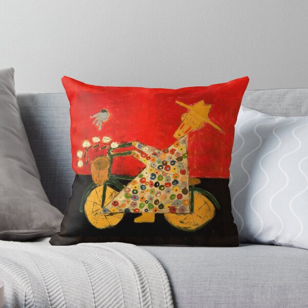 Bicycle Monk and Bluebird Throw Pillow