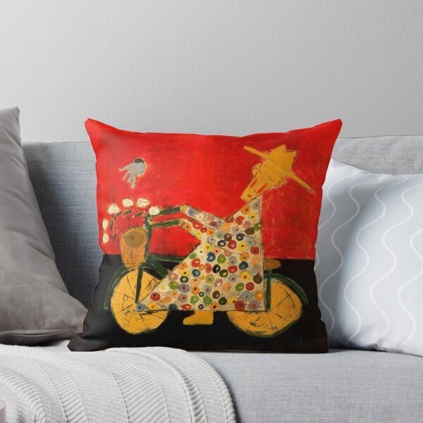 Bicycle Monk and Bluebird Throw Pillow