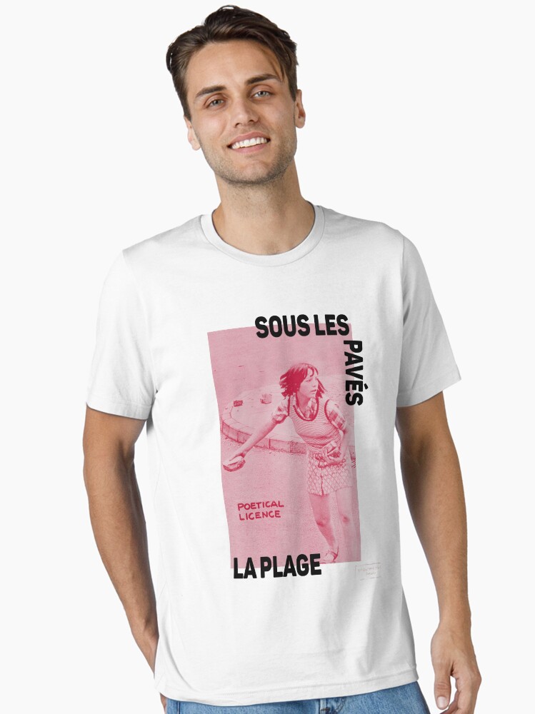 New Paris Revolt, May 68: 'SOUS LES PAVES, LA PLAGE: POETICAL LICENCE':  The Original in Deep Red on Bone Grey Essential T-Shirt
