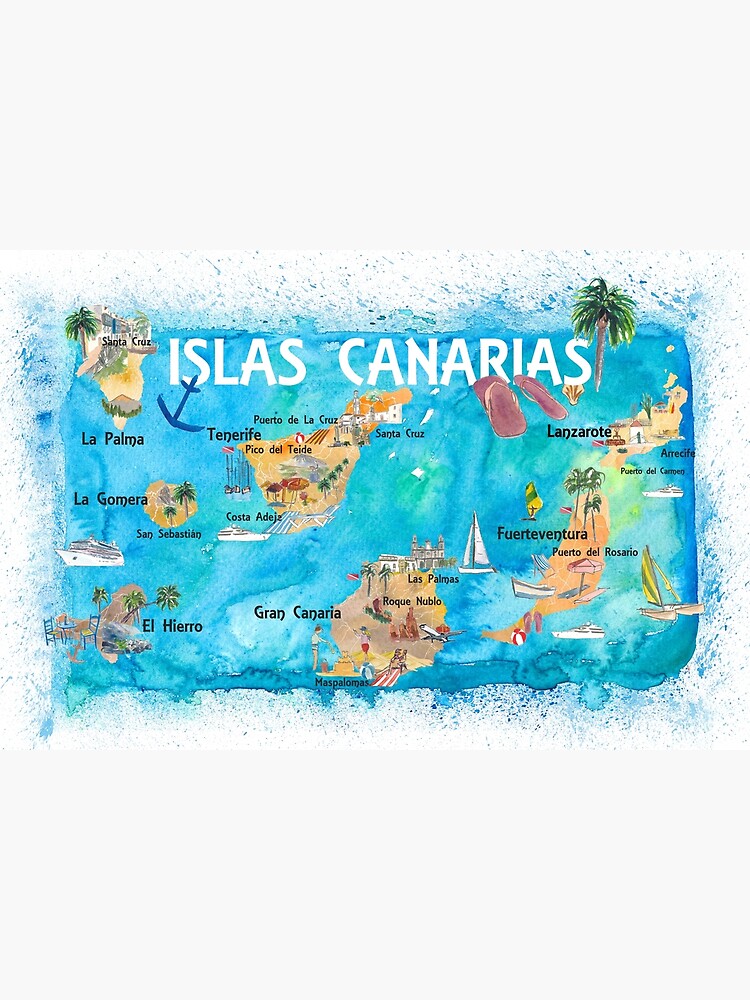 Disover Canary Islands Illustrated Travel Map with Tenerife, Gran Canary, Lanzarote, Fuerteventura La Palma Gomera and Hierro Premium Matte Vertical Poster