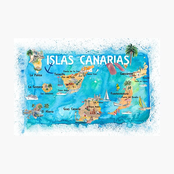 Item preview, Canary Islands Illustrated Travel Map with Tenerife, Gran Canary, Lanzarote, Fuerteventura La Palma Gomera and Hierro designed and sold by artshop77.