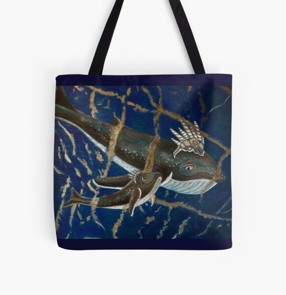 Mother Whale and her Baby in Lapis Lazuli Sea All Over Print Tote Bag