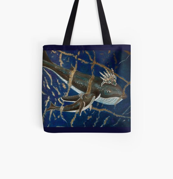 Mother Whale and her Baby in Lapis Lazuli Sea All Over Print Tote Bag