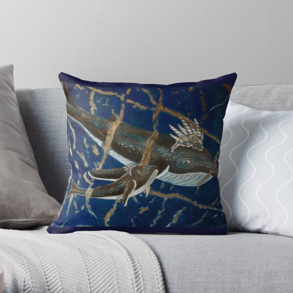 Mother Whale and her Baby in Lapis Lazuli Sea Throw Pillow