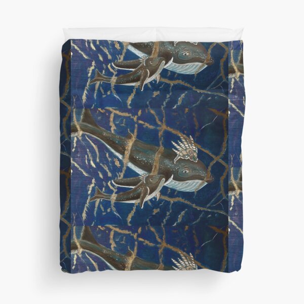Mother Whale and her Baby in Lapis Lazuli Sea Duvet Cover