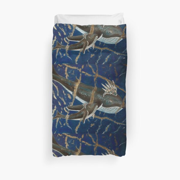 Mother Whale and her Baby in Lapis Lazuli Sea Duvet Cover