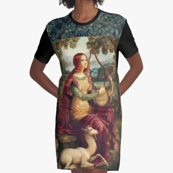 UNICORN AND LADY PLAYING LYRA ,FOREST ANIMALS, FOX ,DOES IN GREEN FLORAL Graphic T-Shirt Dress