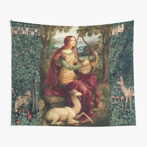 Item preview, UNICORN AND LADY PLAYING LYRA ,FOREST ANIMALS, FOX ,DOES  IN GREEN FLORAL  designed and sold by BulganLumini.