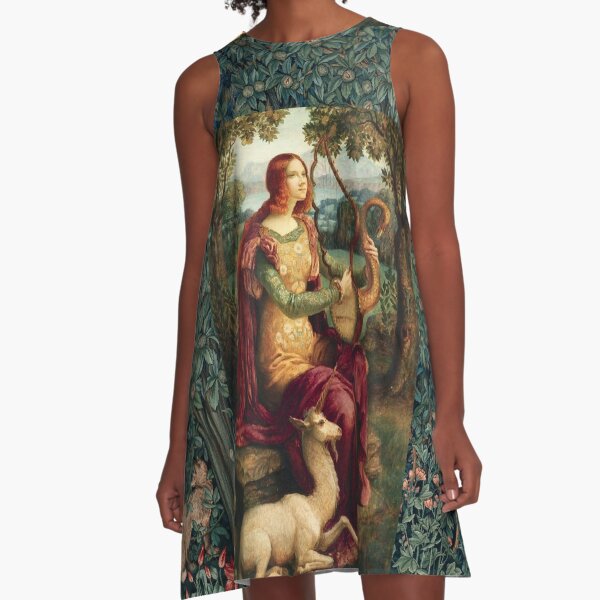 UNICORN AND LADY PLAYING LYRA ,FOREST ANIMALS, FOX ,DOES IN GREEN FLORAL A-Line Dress