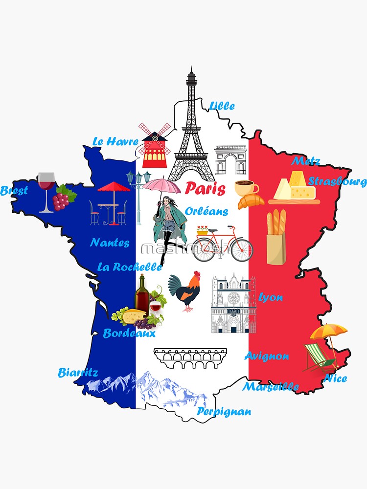 Sticker carte de France villes et dessins - TenStickers