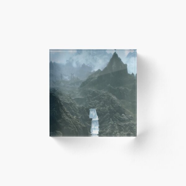Majestic mountain range with waterfall inspired by The Elder Scrolls Skyrim Acrylic Block