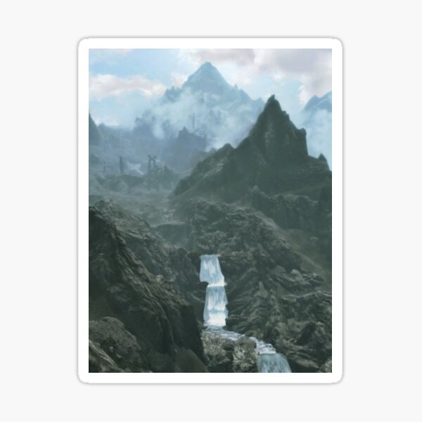 Majestic mountain range with waterfall inspired by The Elder Scrolls Skyrim Sticker