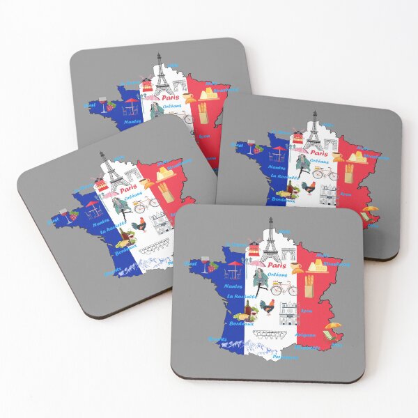 Aperçu de l'œuvre France Map Tee Monuments attractions touristiques principales villes flag créée et vendue par mashmosh.