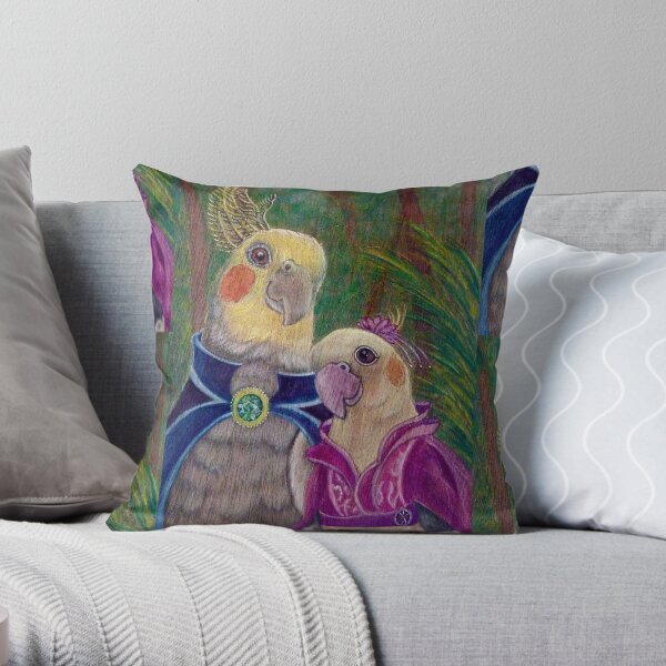 Kik'e the bird and his Girlfriend, Happy Couple of Australian Nymphs Throw Pillow
