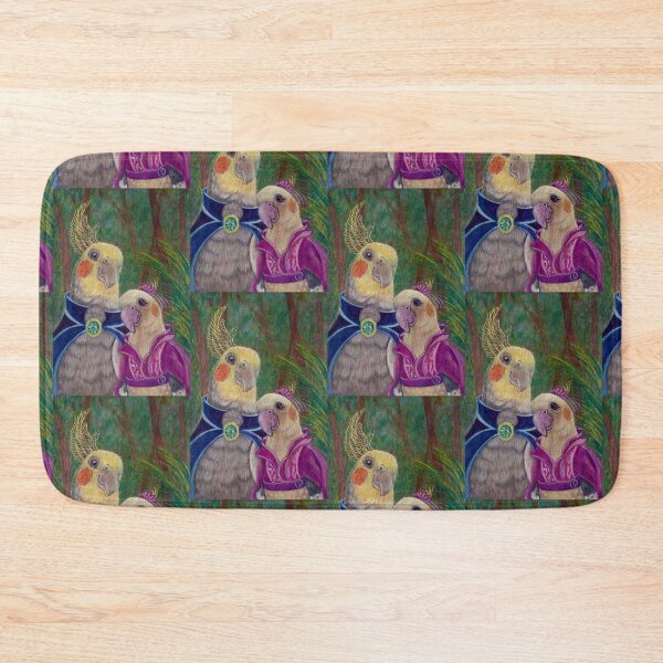 Kik'e the bird and his Girlfriend, Happy Couple of Australian Nymphs Bath Mat