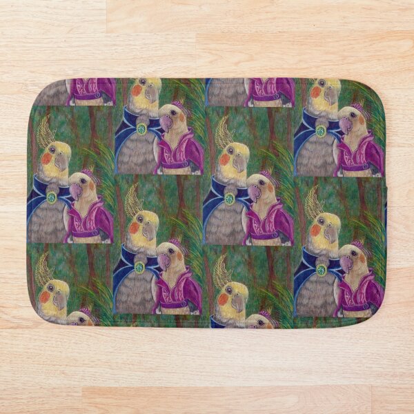 Kik'e the bird and his Girlfriend, Happy Couple of Australian Nymphs Bath Mat