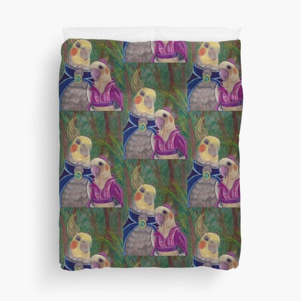 Kik'e the bird and his Girlfriend, Happy Couple of Australian Nymphs Duvet Cover