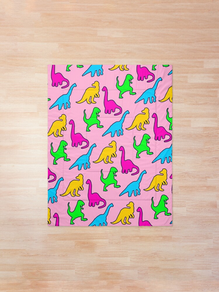 Disover Retro Neon Pop Art Dinosaurs on a Pink Background Quilt