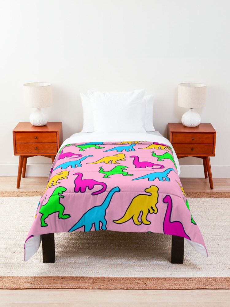Discover Retro Neon Pop Art Dinosaurs on a Pink Background Quilt