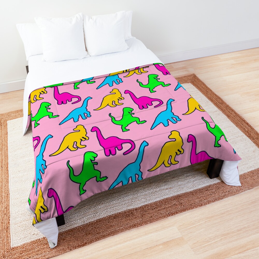Discover Retro Neon Pop Art Dinosaurs on a Pink Background Quilt