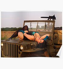 Brunette on a 1944 Willys MB Jeep Poster