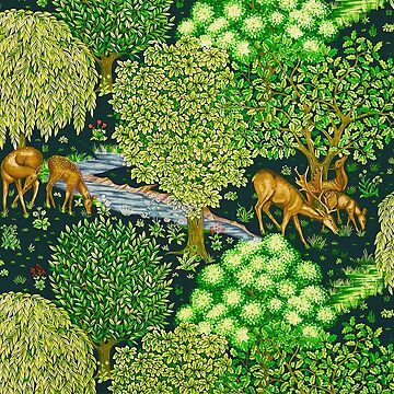 Artwork thumbnail, FOREST ANIMALS, DEERS BY A BROOK Green Floral by BulganLumini