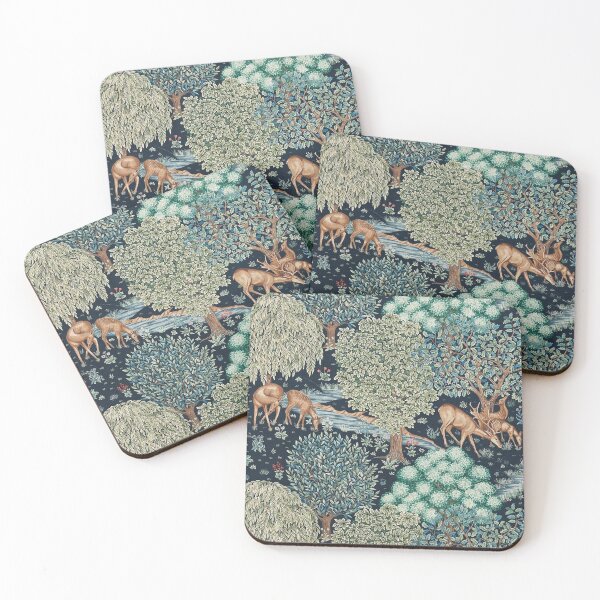 FOREST ANIMALS, DEERS BY A BROOK Blue Green Floral Coasters (Set of 4)