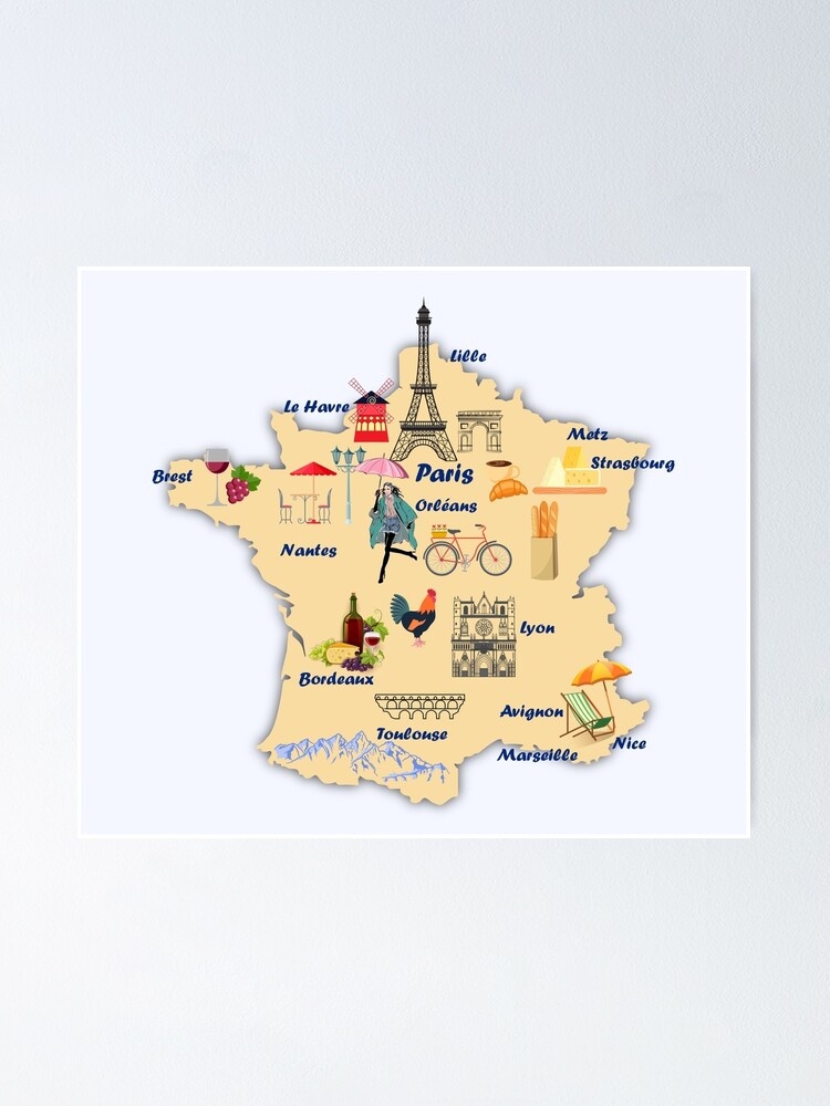 france map,lyon,nice,marseille,paris,toulouse Poster for Sale by  BalloonLand