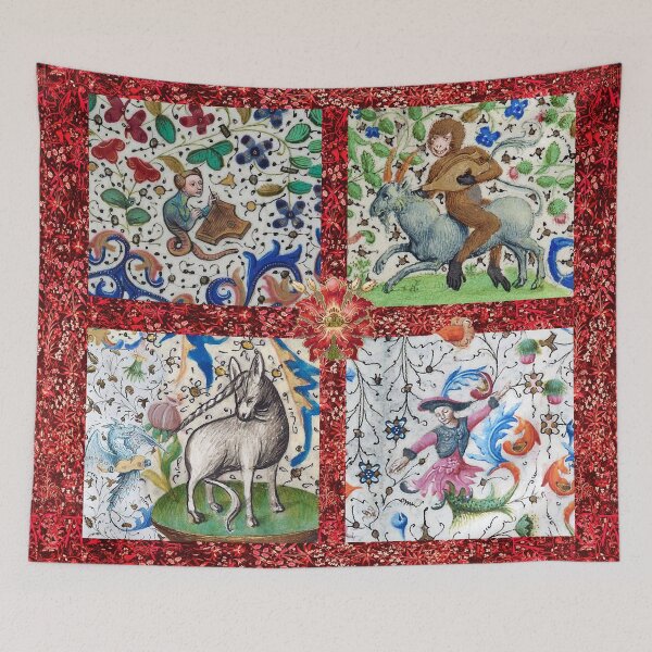 Item preview, UNICORN AND MEDIEVAL BESTIARY PLAYING MUSICAL INSTRUMENTS AMONG FLOWERS AND FRUITS designed and sold by BulganLumini.
