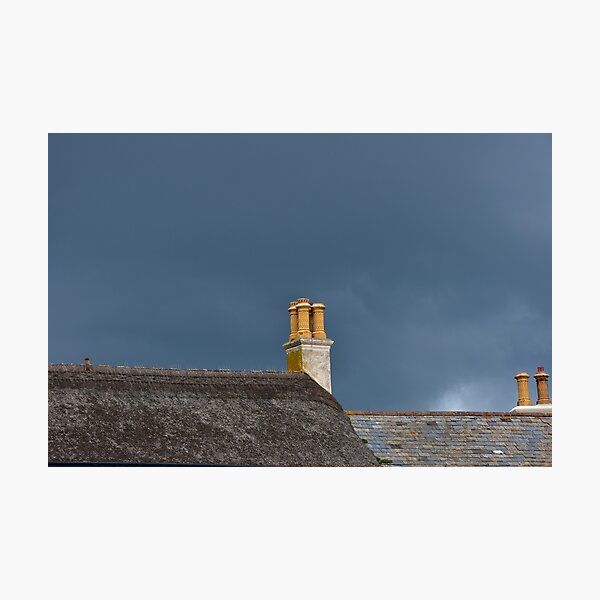 Chimneys Thatched Roof Moody Grey Clouds photo Photographic Print