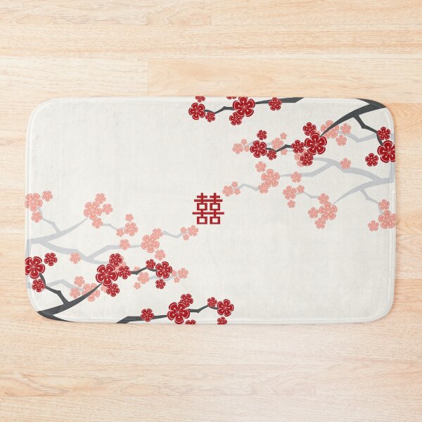 Red Oriental Cherry Blossoms on Ivory and Chinese Wedding Double Happiness | Japanese Sakura © fatfatin Bath Mat