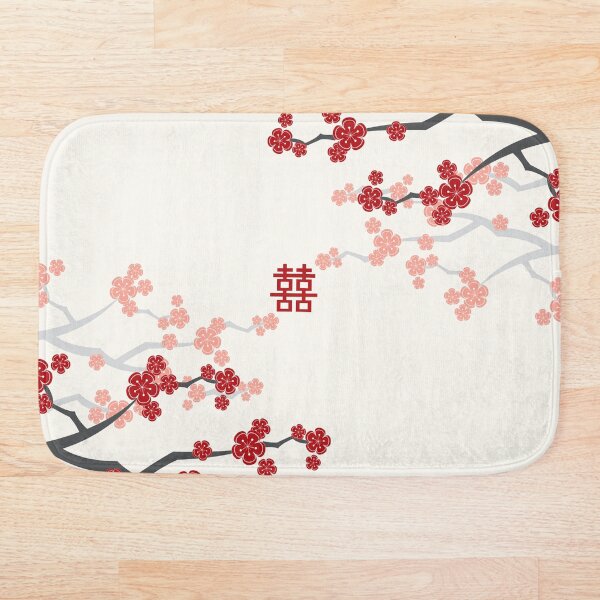 Red Oriental Cherry Blossoms on Ivory and Chinese Wedding Double Happiness | Japanese Sakura Bath Mat