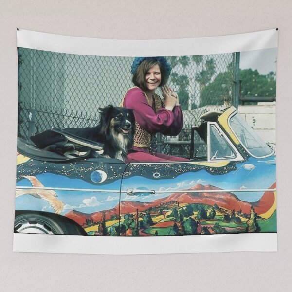 Item preview, Janis Joplin with a dog in her Porsche designed and sold by victoreine.