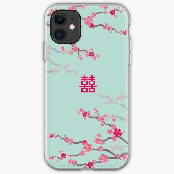 Fuchsia Pink Oriental Cherry Blossoms on Turquoise Blue and Chinese Wedding Double Happiness | Japanese Sakura iPhone Soft Case