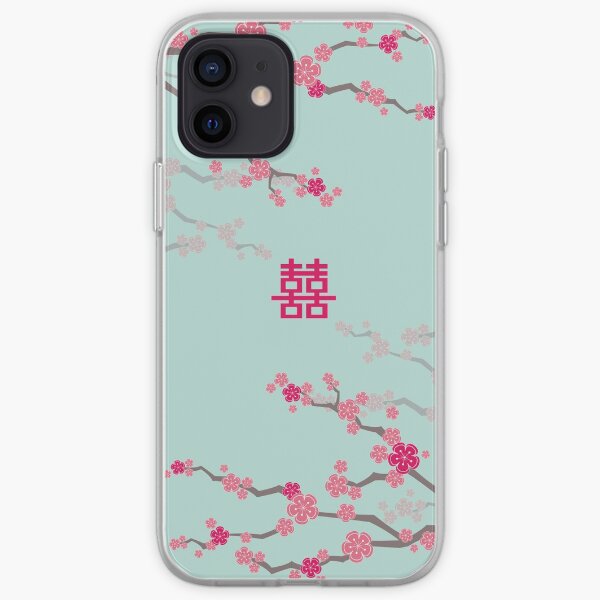Fuchsia Pink Oriental Cherry Blossoms on Turquoise Blue and Chinese Wedding Double Happiness | Japanese Sakura iPhone Soft Case