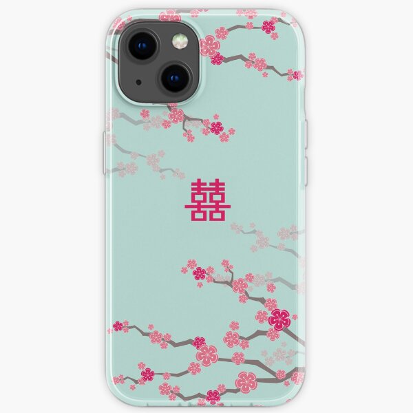 Fuchsia Pink Oriental Cherry Blossoms on Turquoise Blue and Chinese Wedding Double Happiness | Japanese Sakura © fatfatin iPhone Soft Case