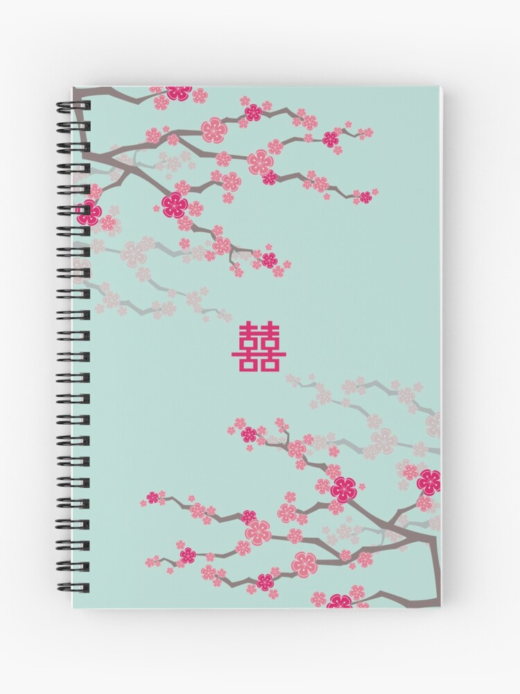 Cuaderno de espiral «Flores de cerezo orientales rosa fucsia sobre azul  turquesa y boda china Doble felicidad | Sakura japonesa | © fatfatin» de  fatfatin | Redbubble