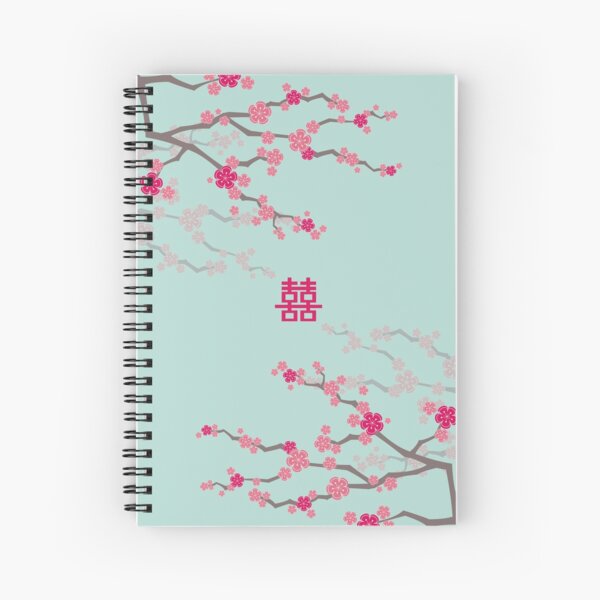 Aperçu de l'œuvre Fleurs de cerisier orientales rose fuchsia sur bleu turquoise et double bonheur de mariage chinois | Sakura japonais © fatfatin créée et vendue par fatfatin.