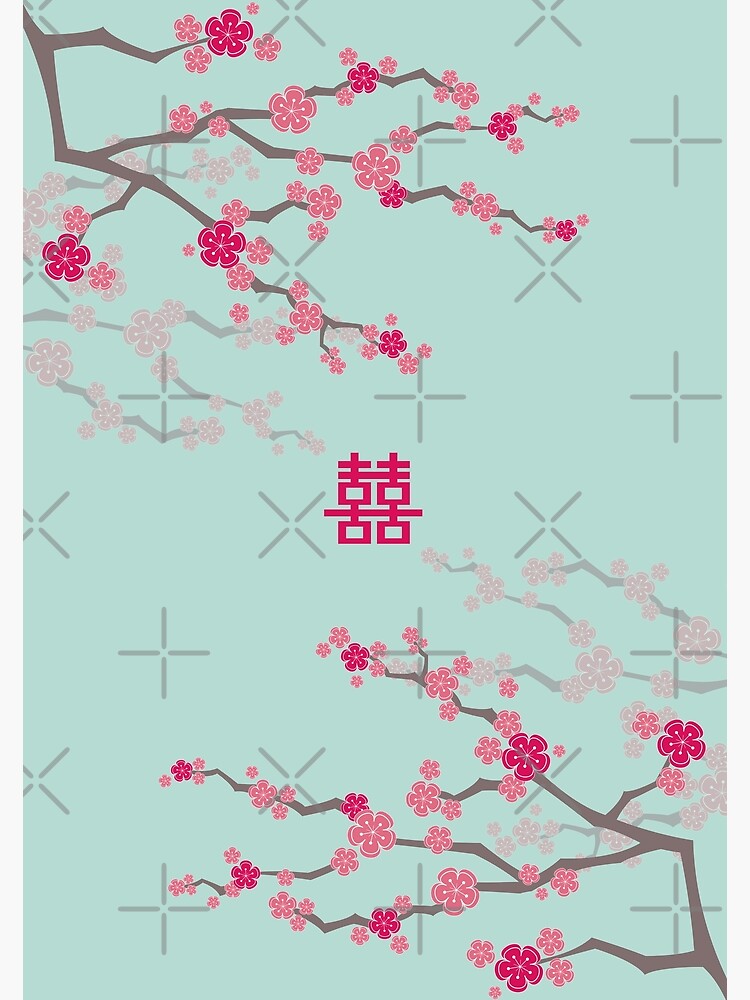 Tarjetas de felicitación «Flores de cerezo orientales rosa fucsia sobre  azul turquesa y boda china Doble felicidad | Sakura japonesa | © fatfatin»  de fatfatin | Redbubble